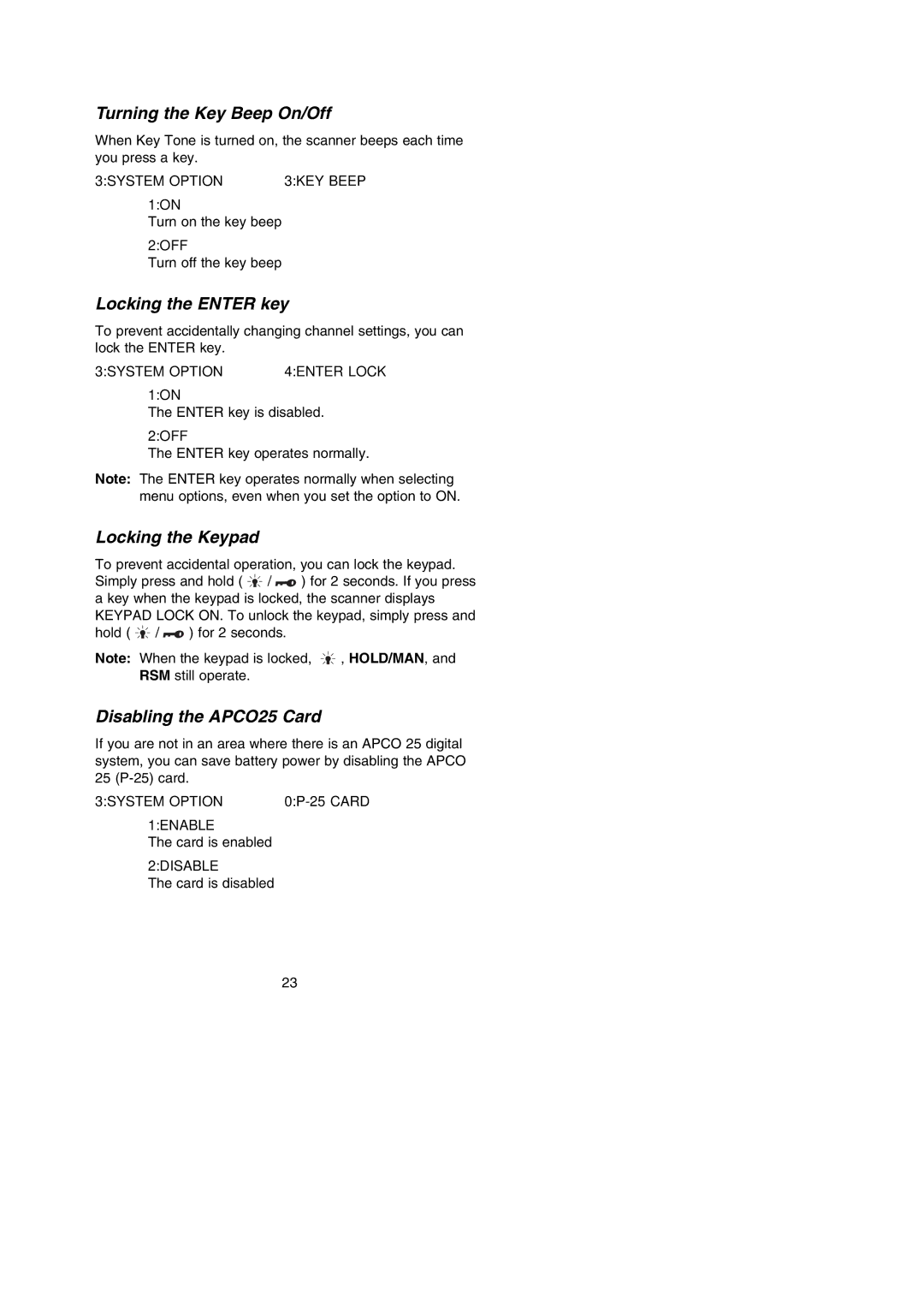 Uniden BC296D Turning the Key Beep On/Off, Locking the Enter key, Locking the Keypad, Disabling the APCO25 Card, Hold/Man 