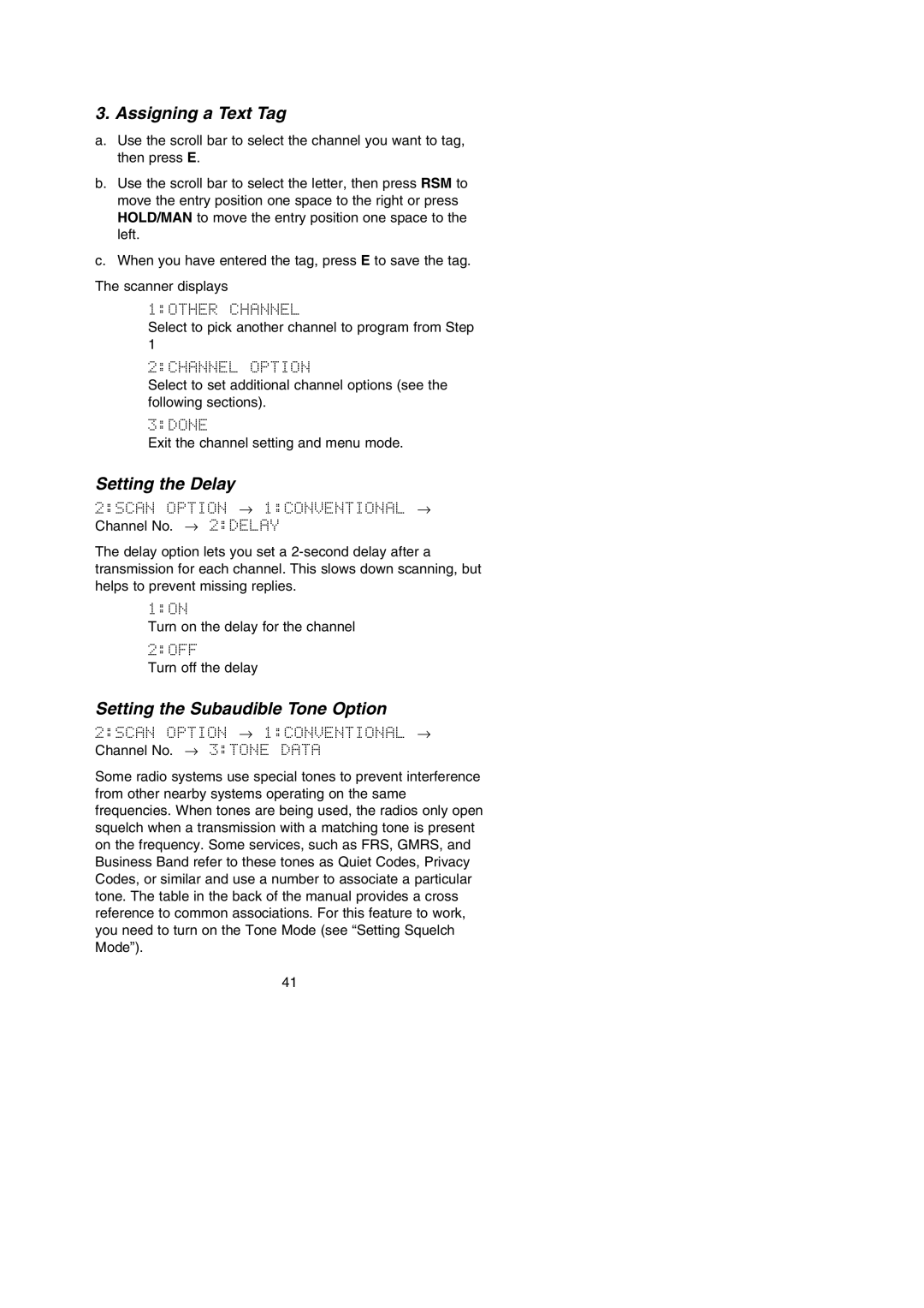 Uniden BC296D manual Assigning a Text Tag, Setting the Delay, Setting the Subaudible Tone Option 