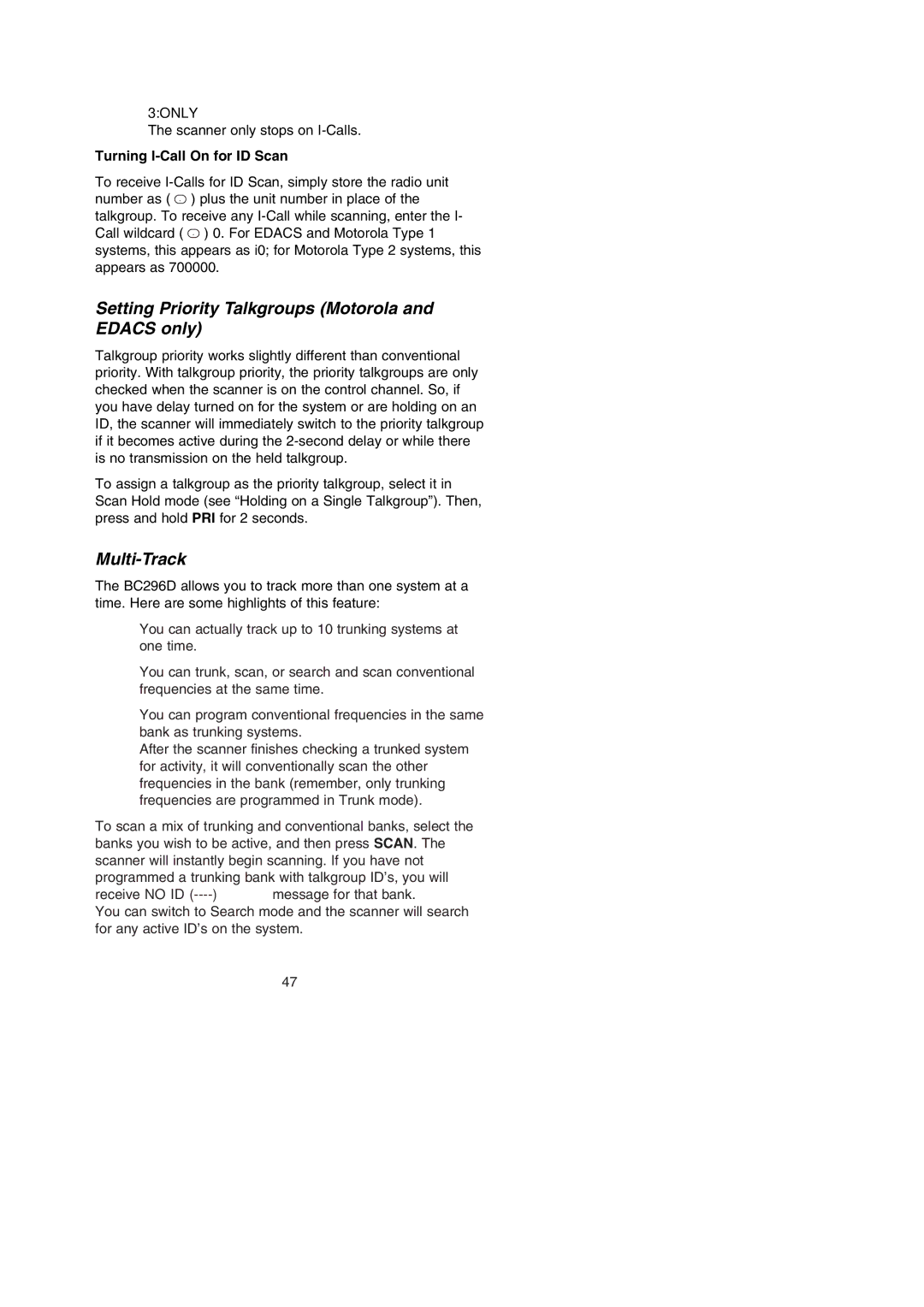 Uniden BC296D manual Setting Priority Talkgroups Motorola and Edacs only, Multi-Track, Turning I-Call On for ID Scan 