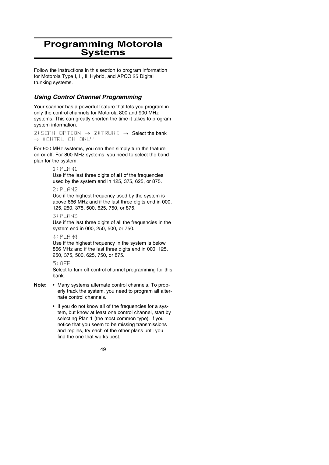 Uniden BC296D manual Programming Motorola Systems, Using Control Channel Programming 