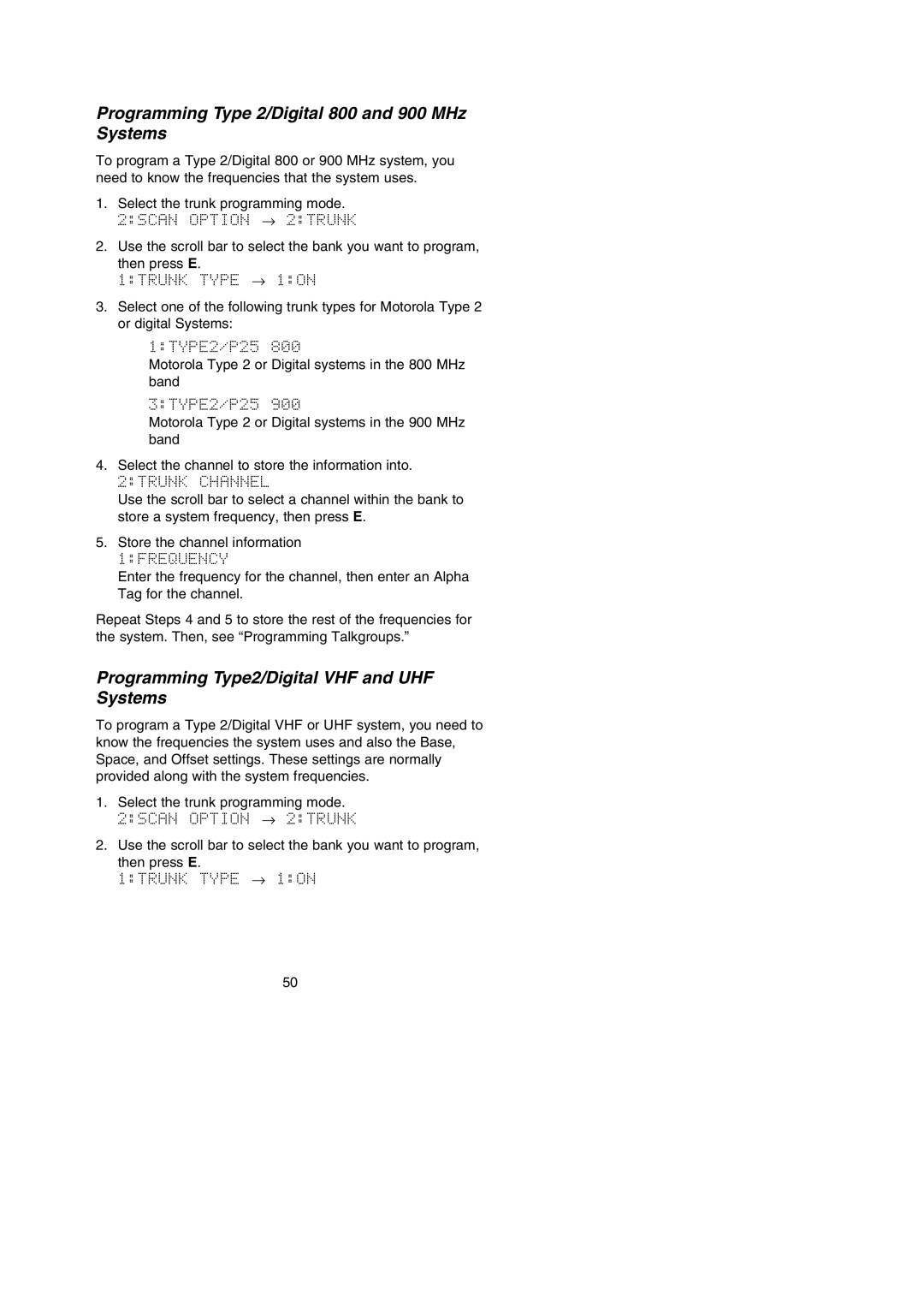 Uniden BC296D manual Programming Type 2/Digital 800 and 900 MHz Systems, Programming Type2/Digital VHF and UHF Systems 