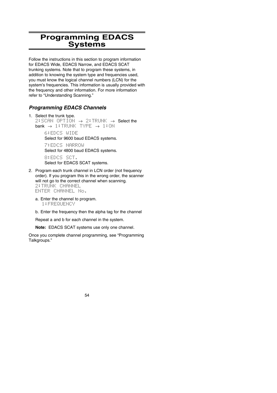 Uniden BC296D manual Programming Edacs Systems, Programming Edacs Channels 