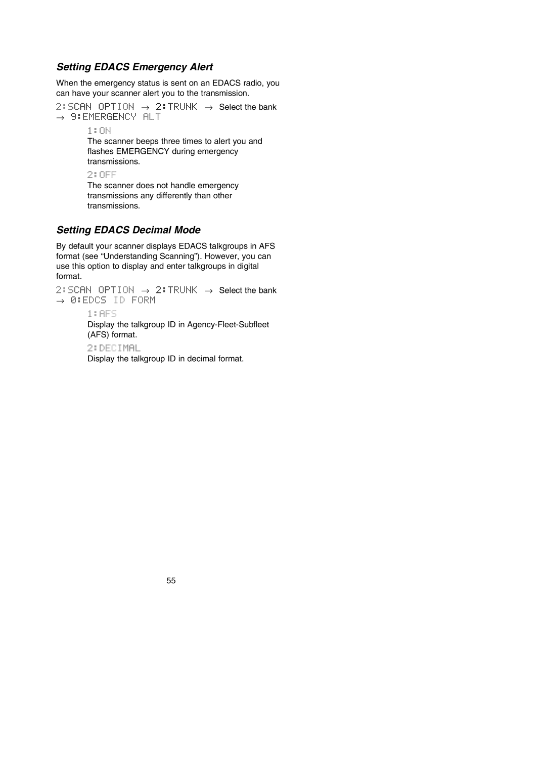 Uniden BC296D manual Setting Edacs Emergency Alert, Setting Edacs Decimal Mode 