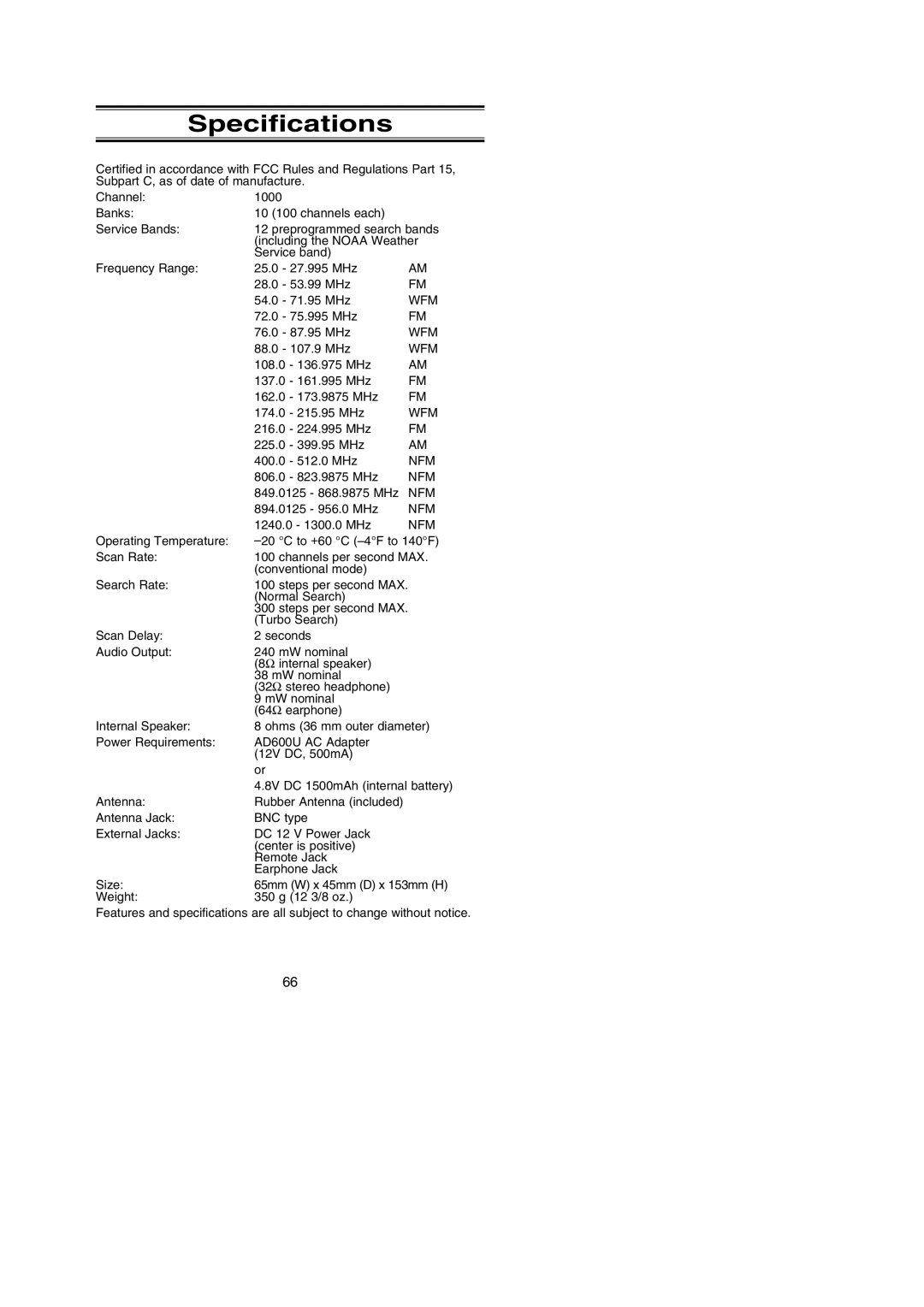 Uniden BC296D manual Specifications 