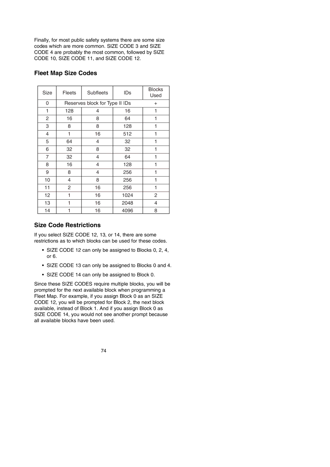 Uniden BC296D manual Fleet Map Size Codes 