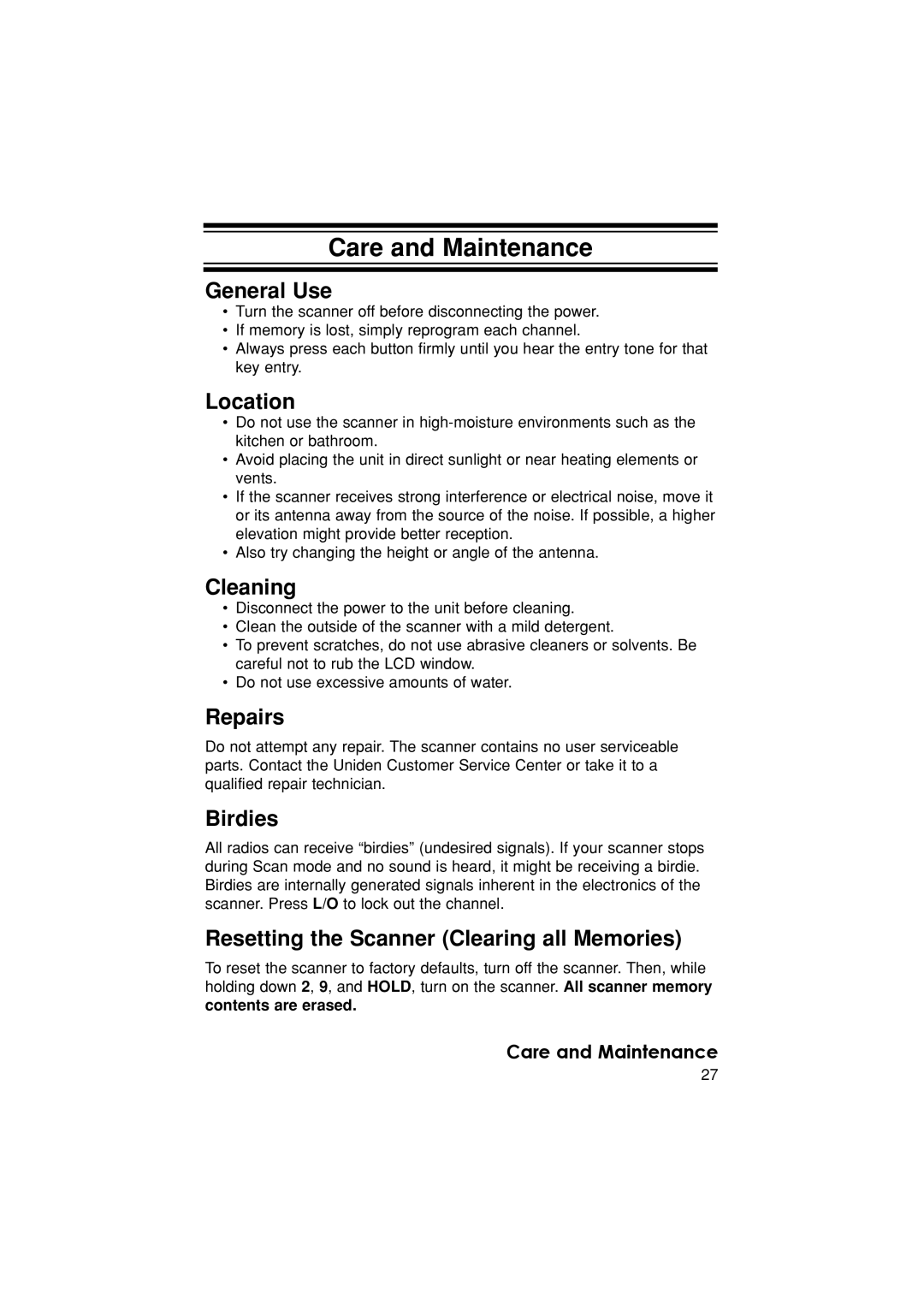 Uniden BC340CRS owner manual Care and Maintenance 