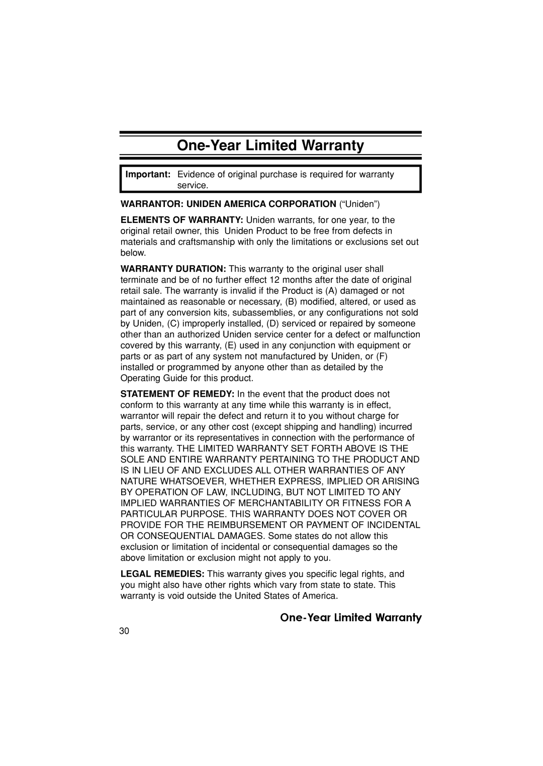 Uniden BC340CRS owner manual One-Year Limited Warranty, Warrantor Uniden America Corporation Uniden 