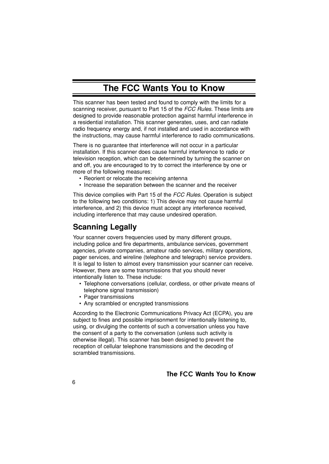 Uniden BC340CRS owner manual FCC Wants You to Know, Scanning Legally 