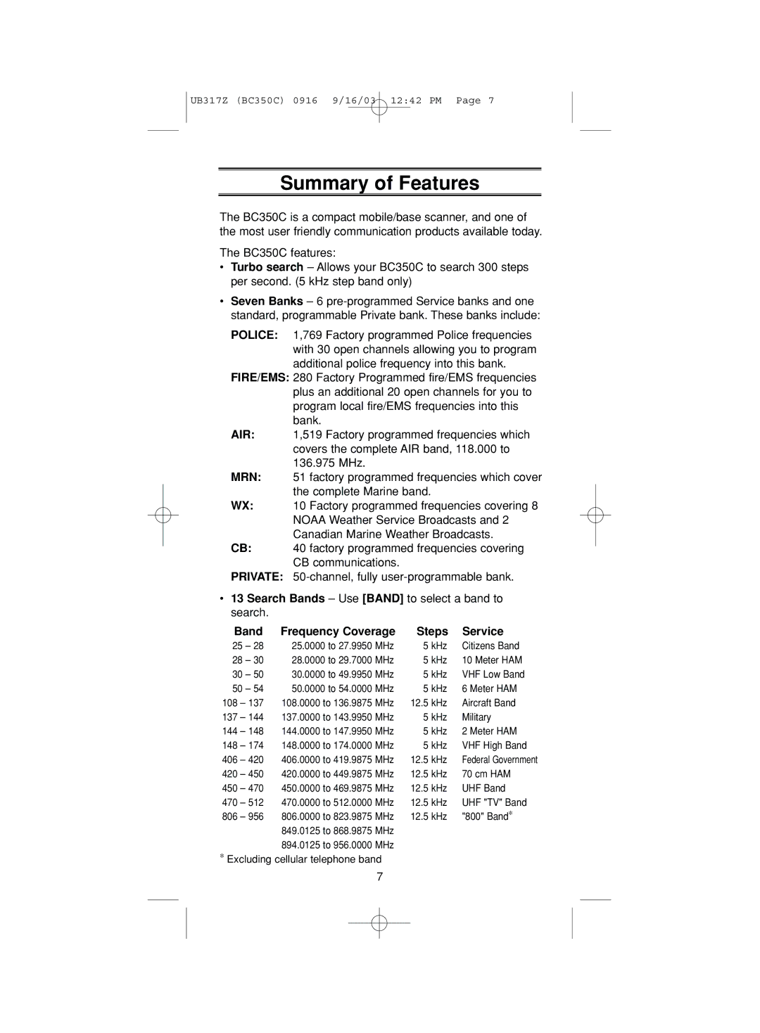 Uniden BC350C manual Summary of Features, Band Frequency Coverage Steps Service 