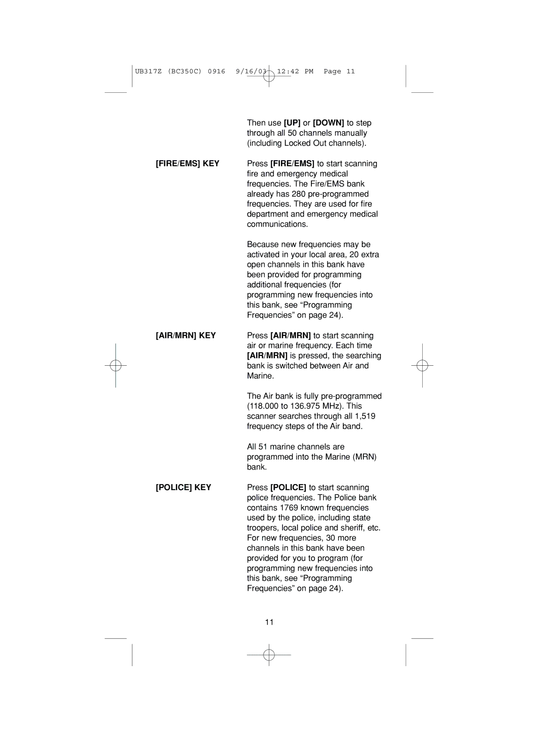 Uniden BC350C manual Fire/Ems Key, Air/Mrn Key, Police KEY 