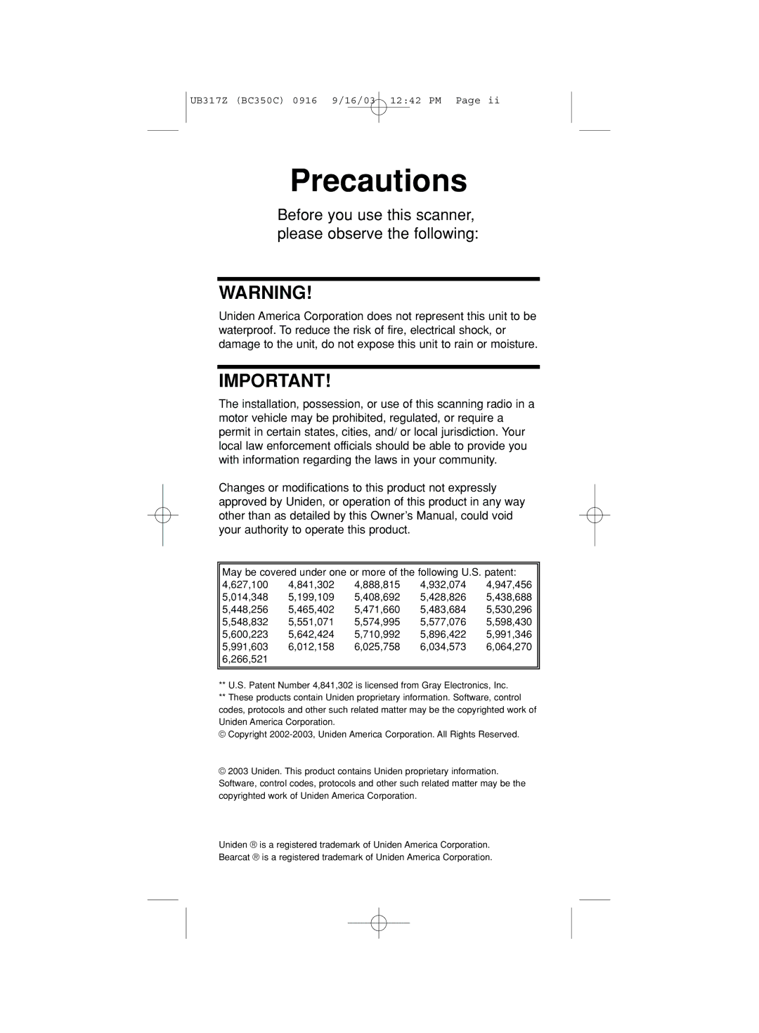 Uniden BC350C manual Precautions 