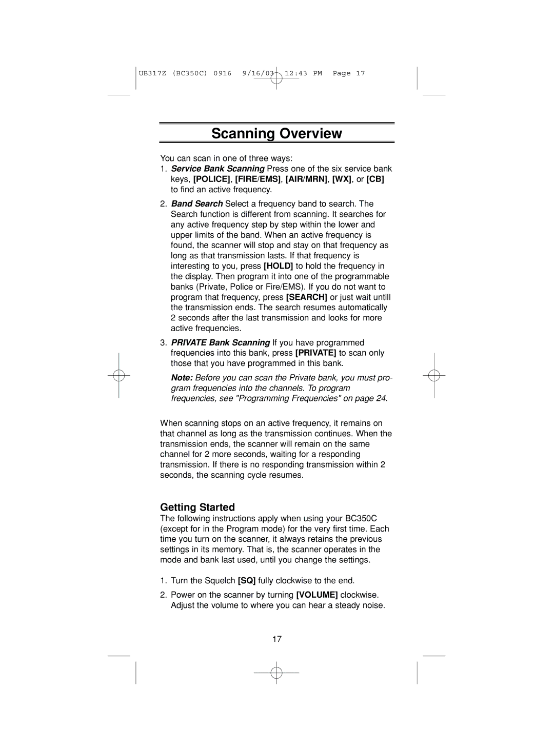 Uniden BC350C manual Scanning Overview, Getting Started 