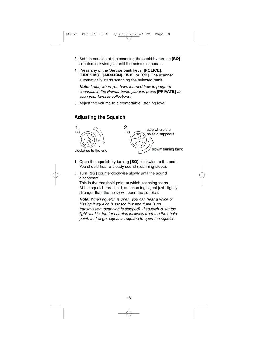 Uniden BC350C manual Adjusting the Squelch 