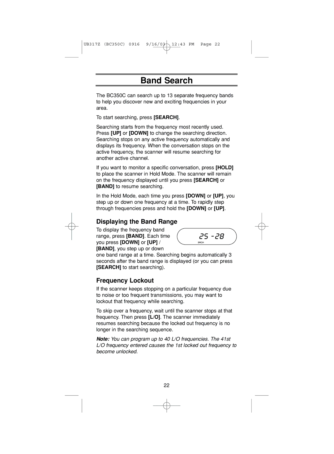 Uniden BC350C manual Band Search, Displaying the Band Range, Frequency Lockout 