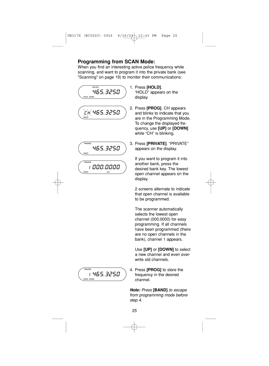 Uniden BC350C manual Programming from Scan Mode 