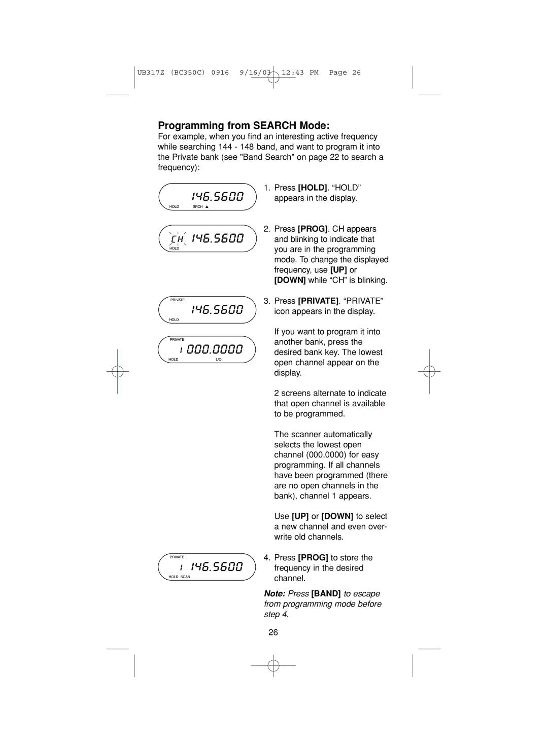 Uniden BC350C manual Programming from Search Mode 