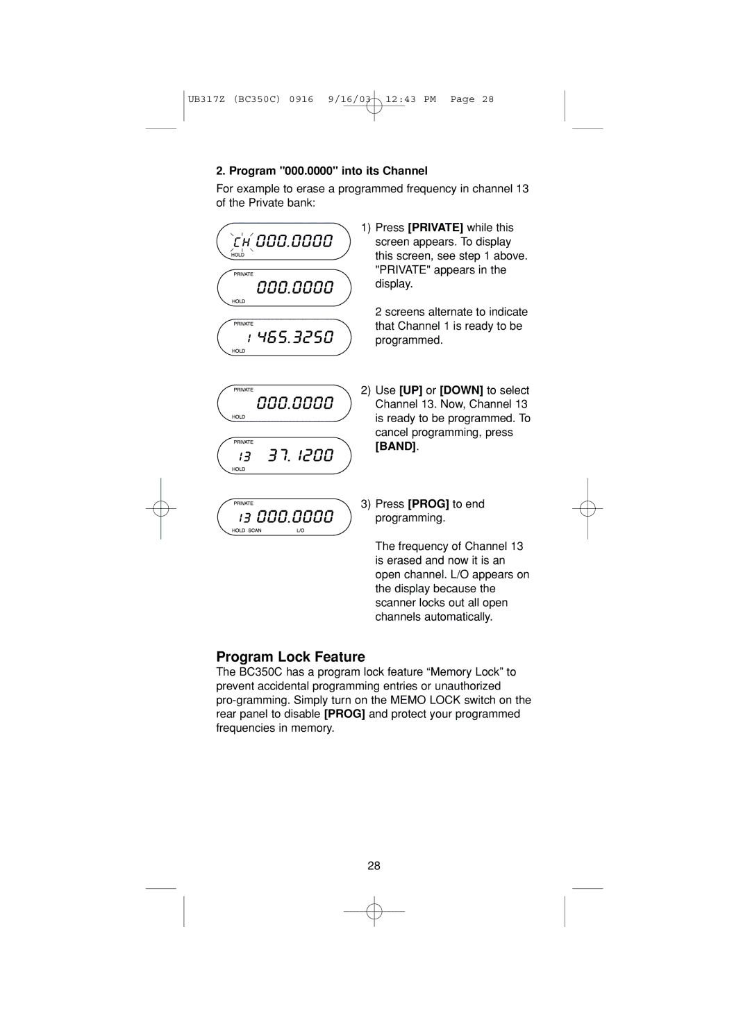 Uniden BC350C manual Program Lock Feature, Program 000.0000 into its Channel 