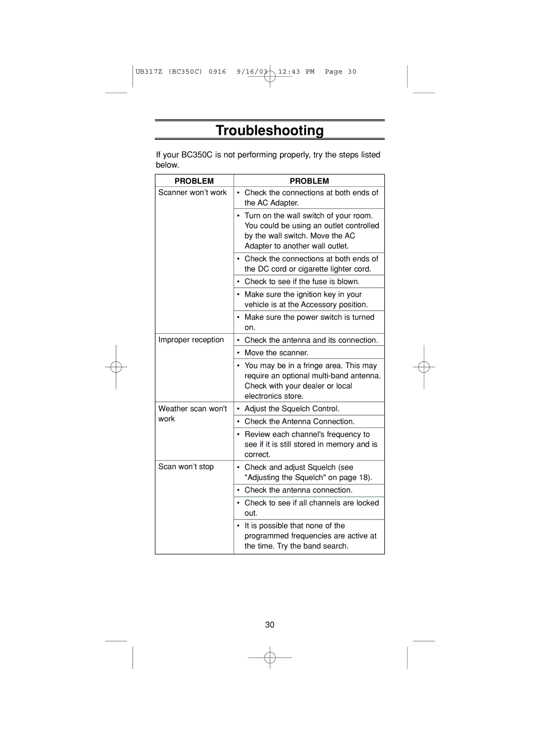 Uniden BC350C manual Troubleshooting, Problem 