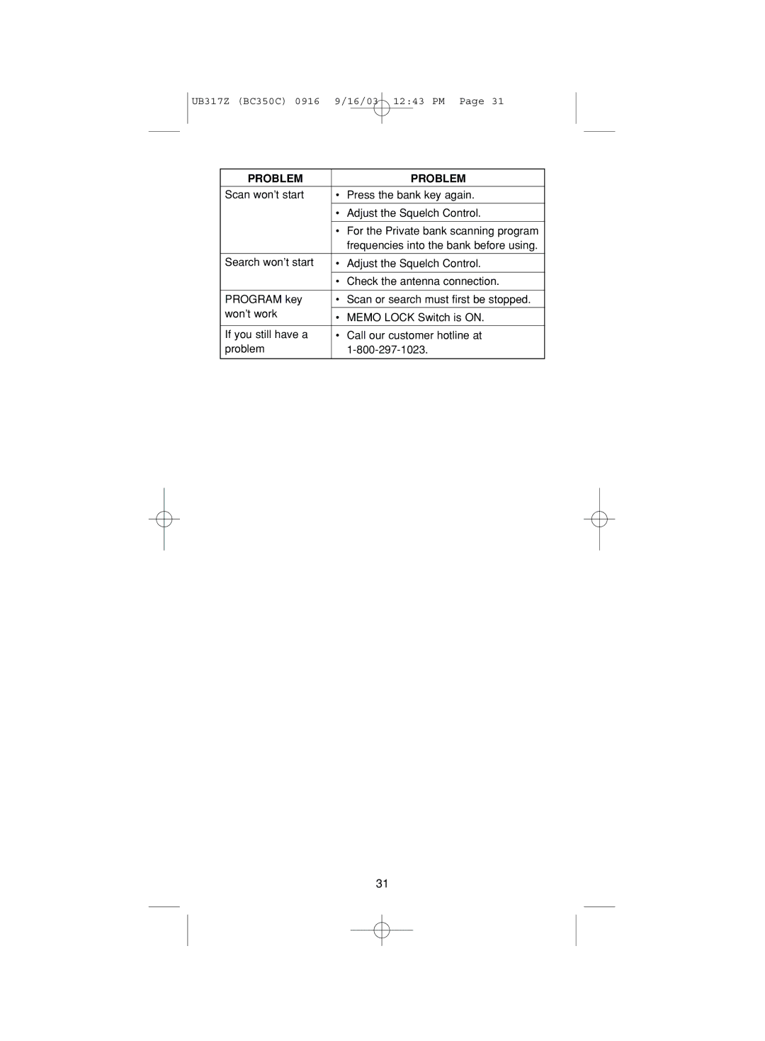 Uniden BC350C manual Problem 