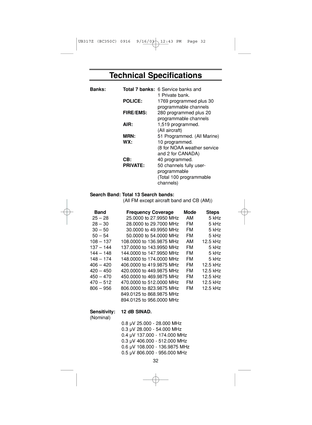 Uniden BC350C manual Technical Specifications 