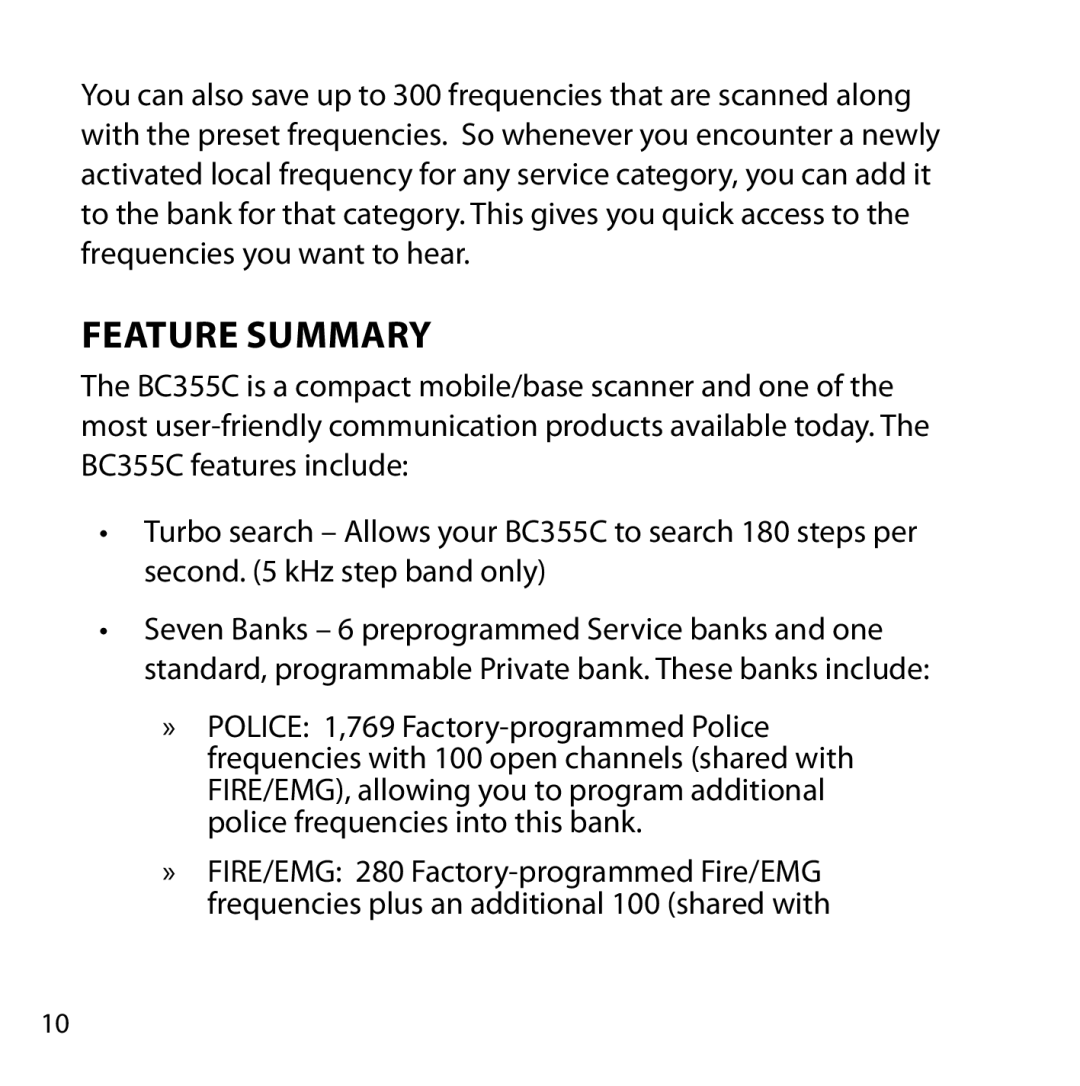 Uniden BC355C owner manual Feature Summary 