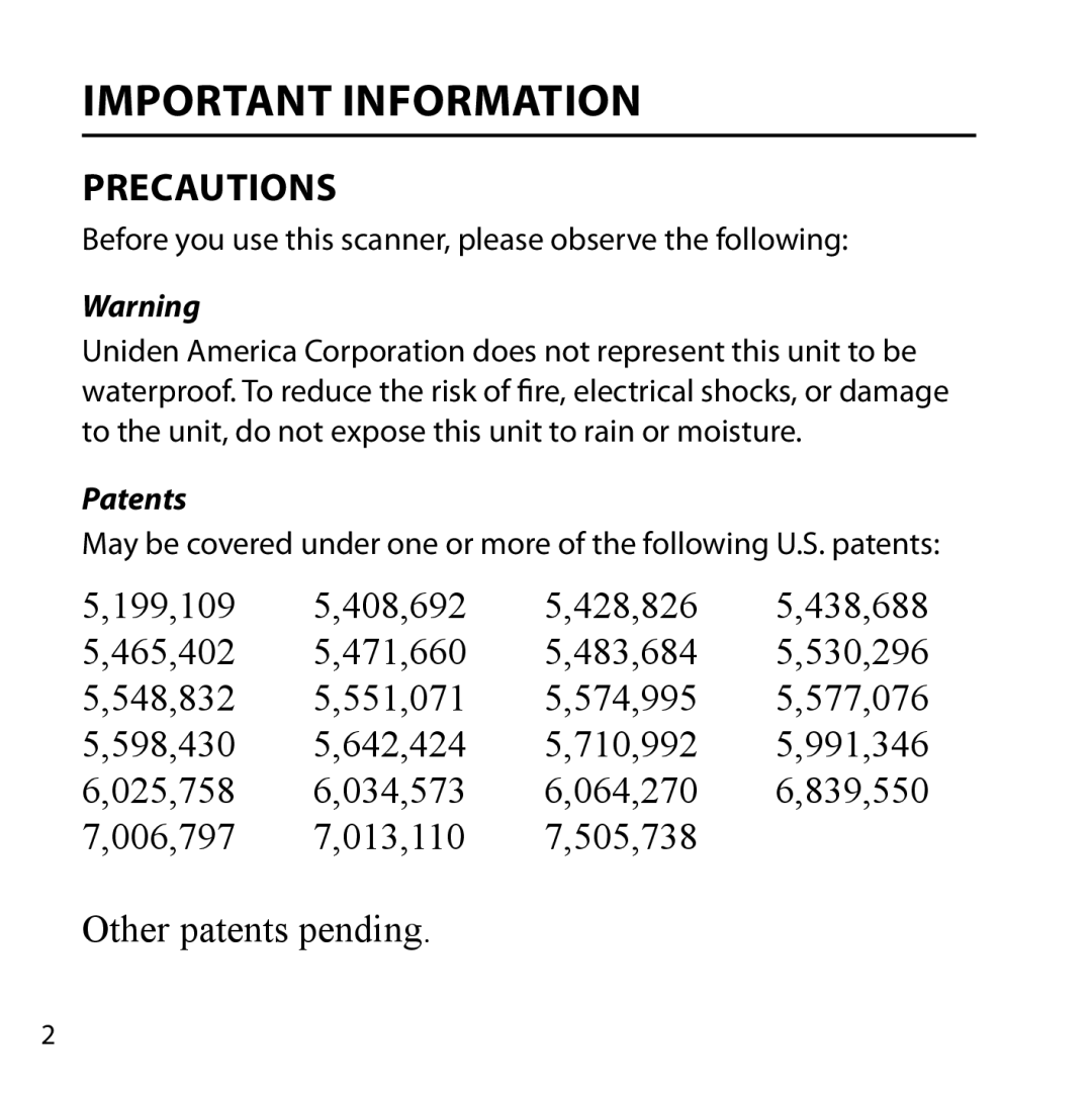 Uniden BC355C owner manual Important Information, Patents 