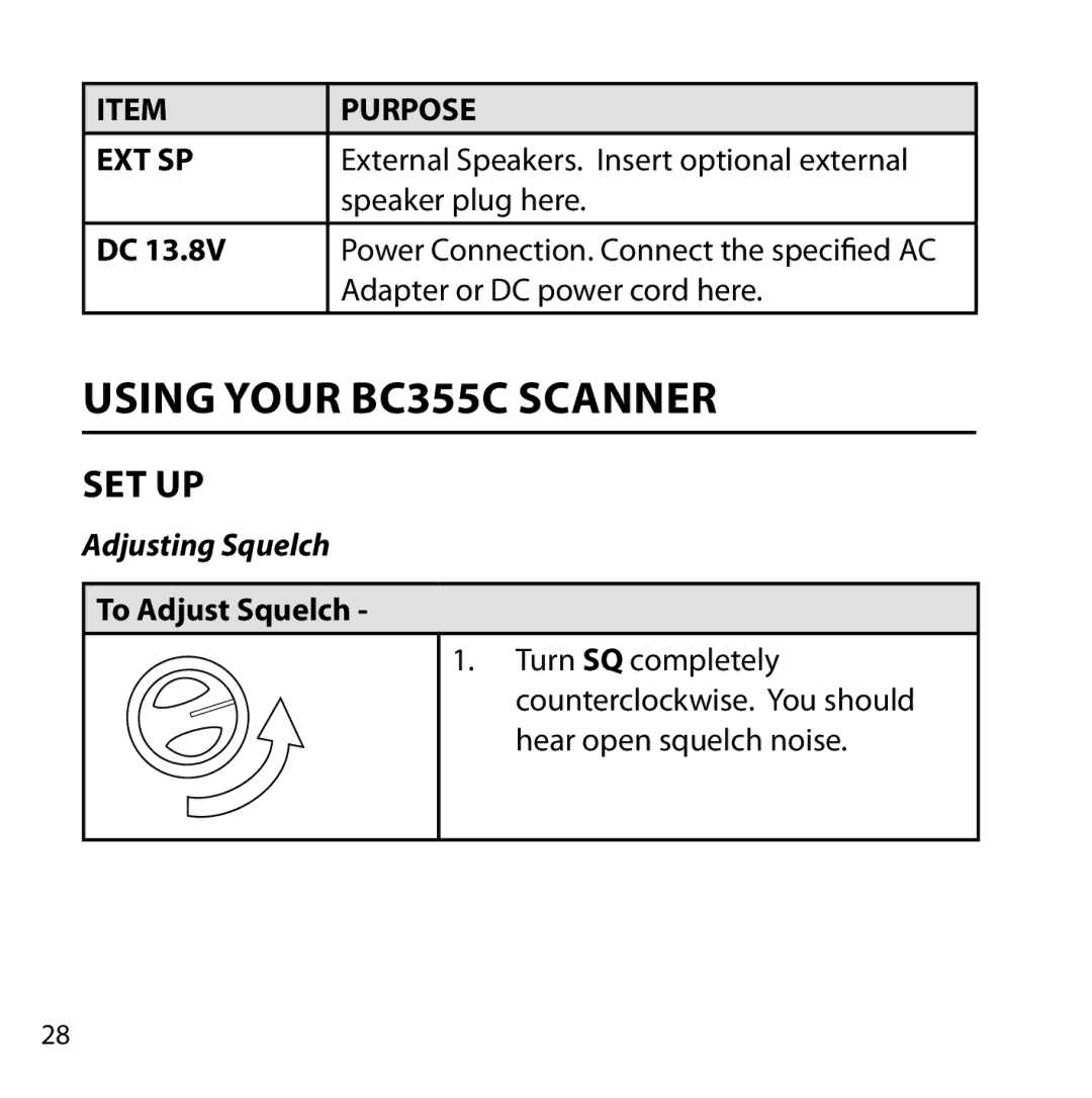 Uniden owner manual Using Your BC355C Scanner, Set up, Adjusting Squelch 