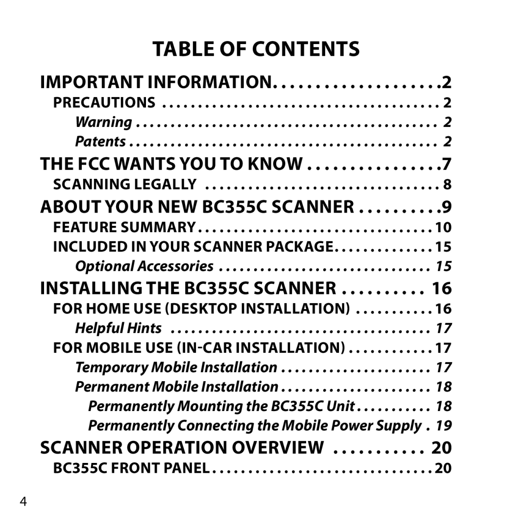 Uniden BC355C owner manual Table of Contents 