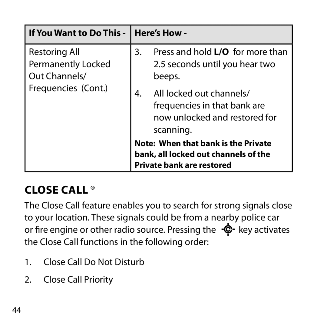 Uniden BC355C owner manual Close Call 