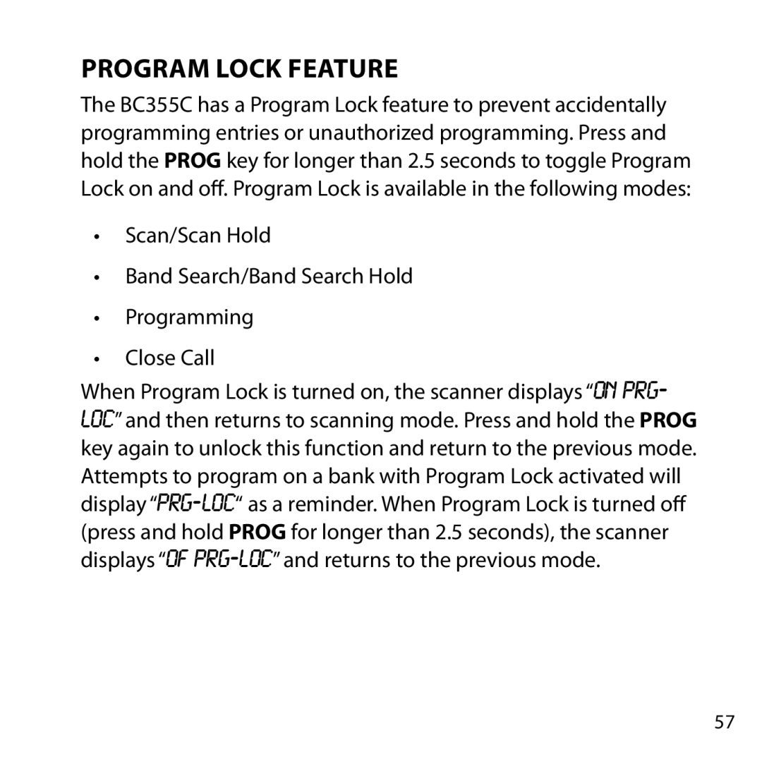 Uniden BC355C owner manual Program Lock Feature 