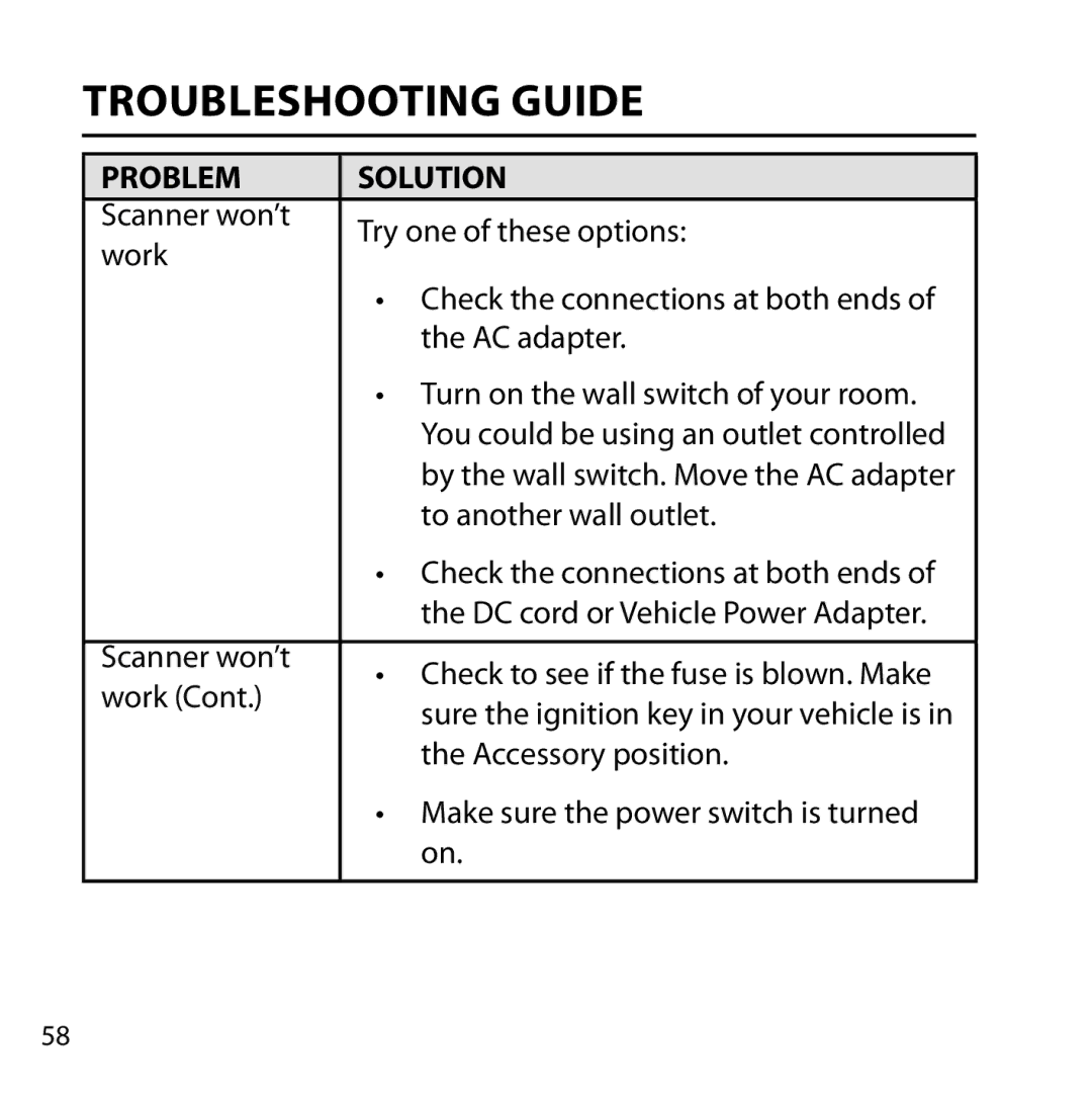 Uniden BC355C owner manual Troubleshooting Guide, Problem Solution 