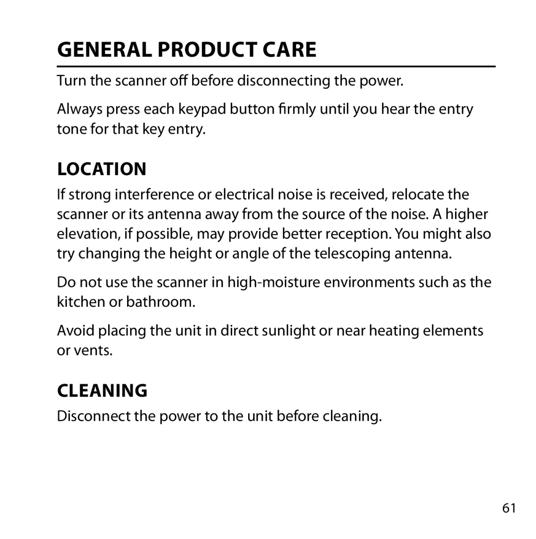 Uniden BC355C owner manual General Product Care, Location, Cleaning 