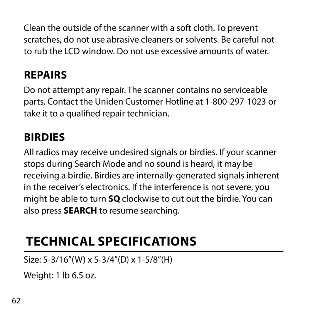 Uniden BC355C owner manual Technical Specifications, Repairs, Birdies 