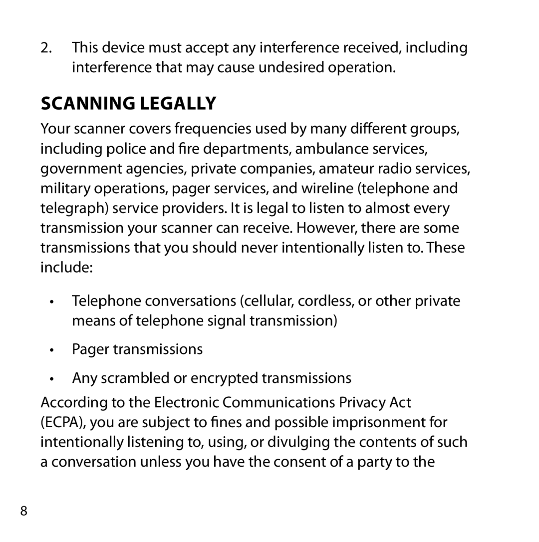 Uniden BC355C owner manual Scanning Legally 