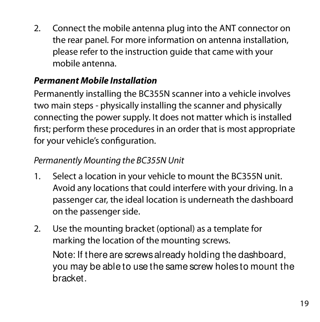 Uniden owner manual Permanent Mobile Installation, Permanently Mounting the BC355N Unit 