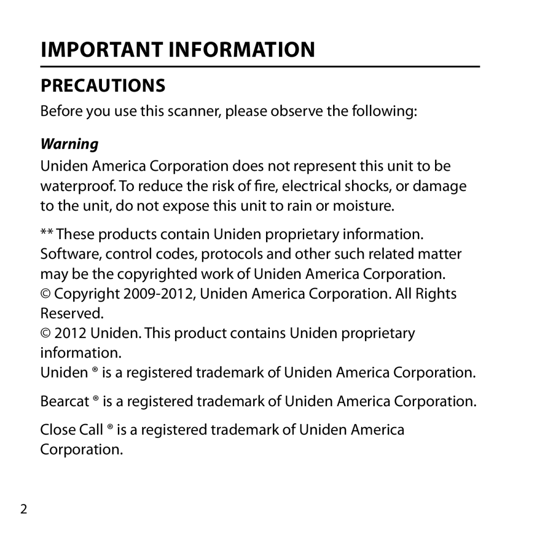 Uniden BC355N owner manual Important Information, Precautions 