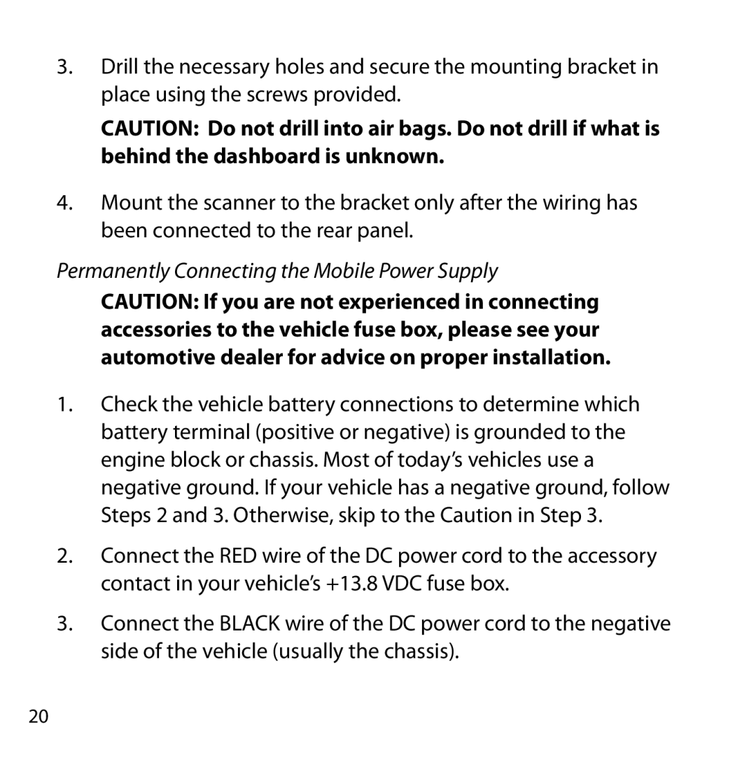 Uniden BC355N owner manual Permanently Connecting the Mobile Power Supply 