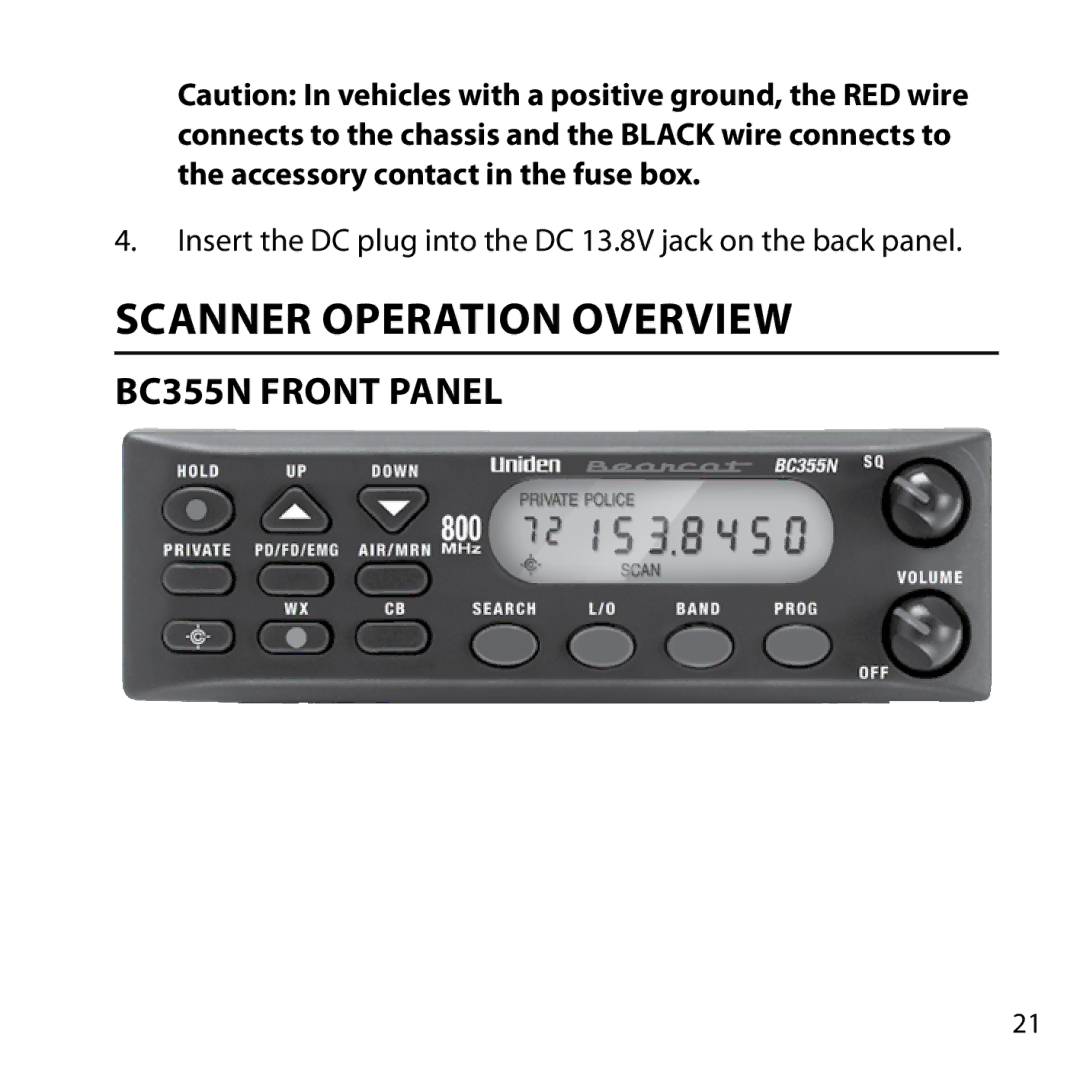 Uniden owner manual Scanner Operation Overview, BC355N Front Panel 