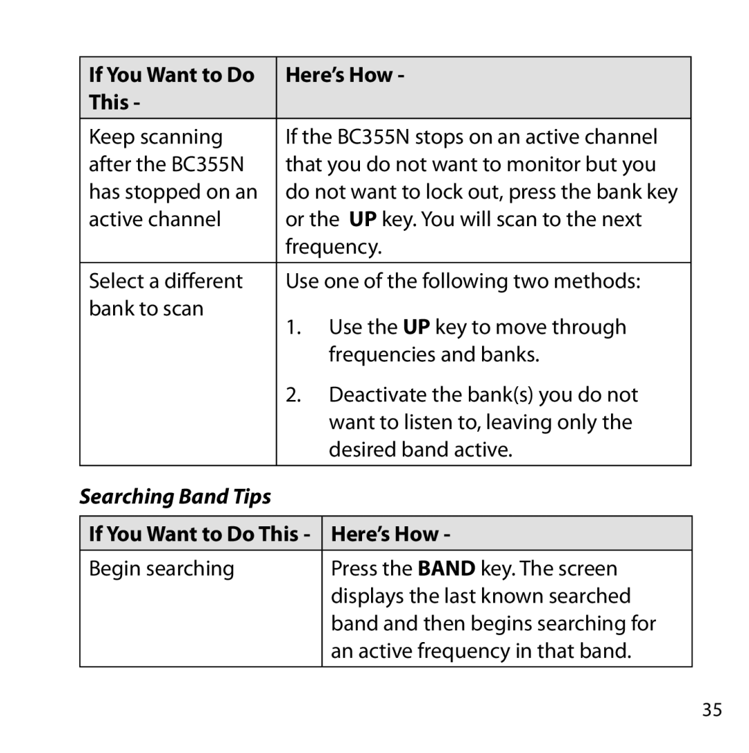 Uniden BC355N owner manual Searching Band Tips 