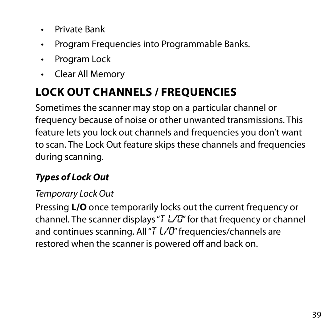 Uniden BC355N owner manual Lock Out Channels / Frequencies, Types of Lock Out 