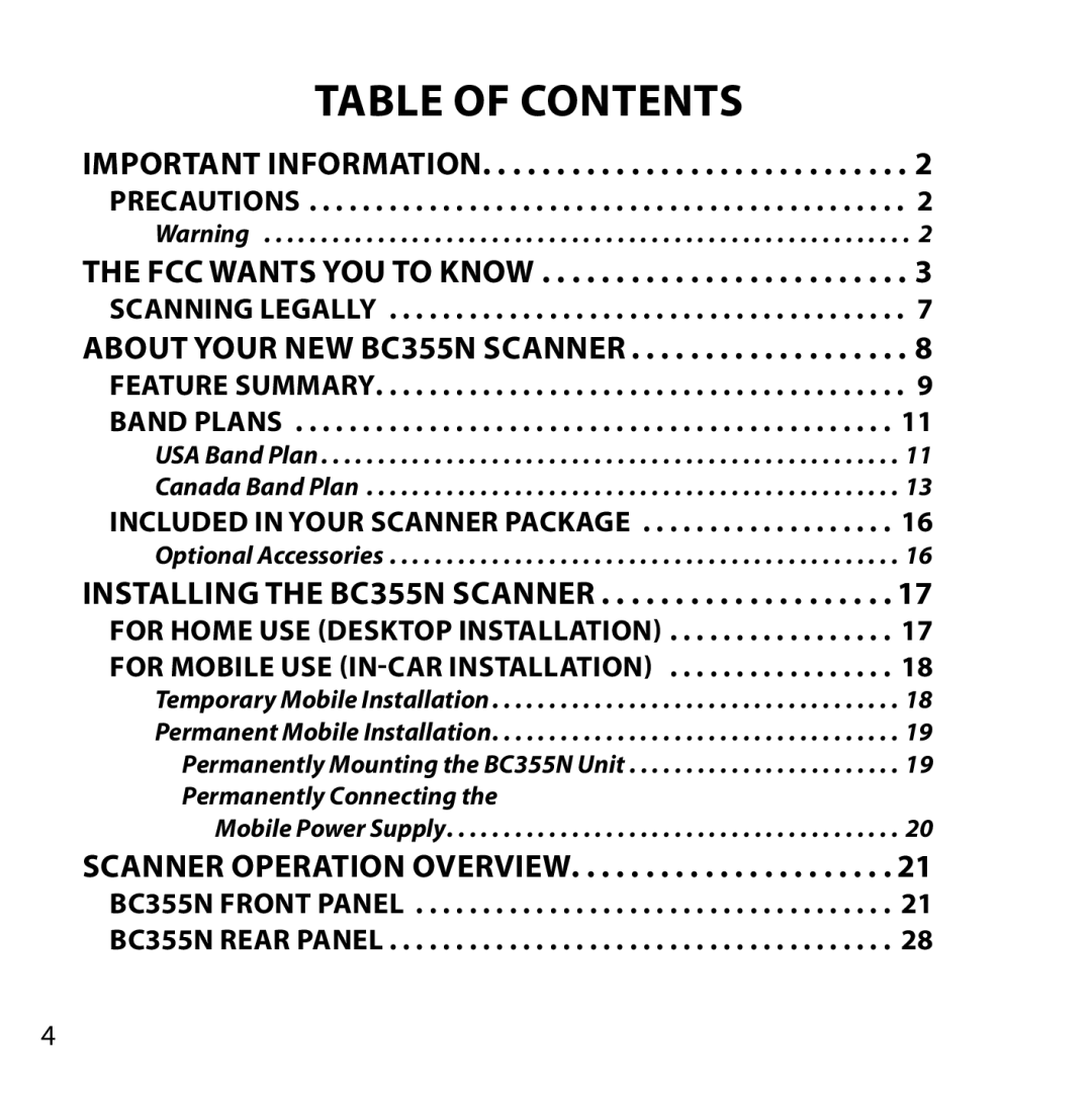 Uniden BC355N owner manual Table of Contents 