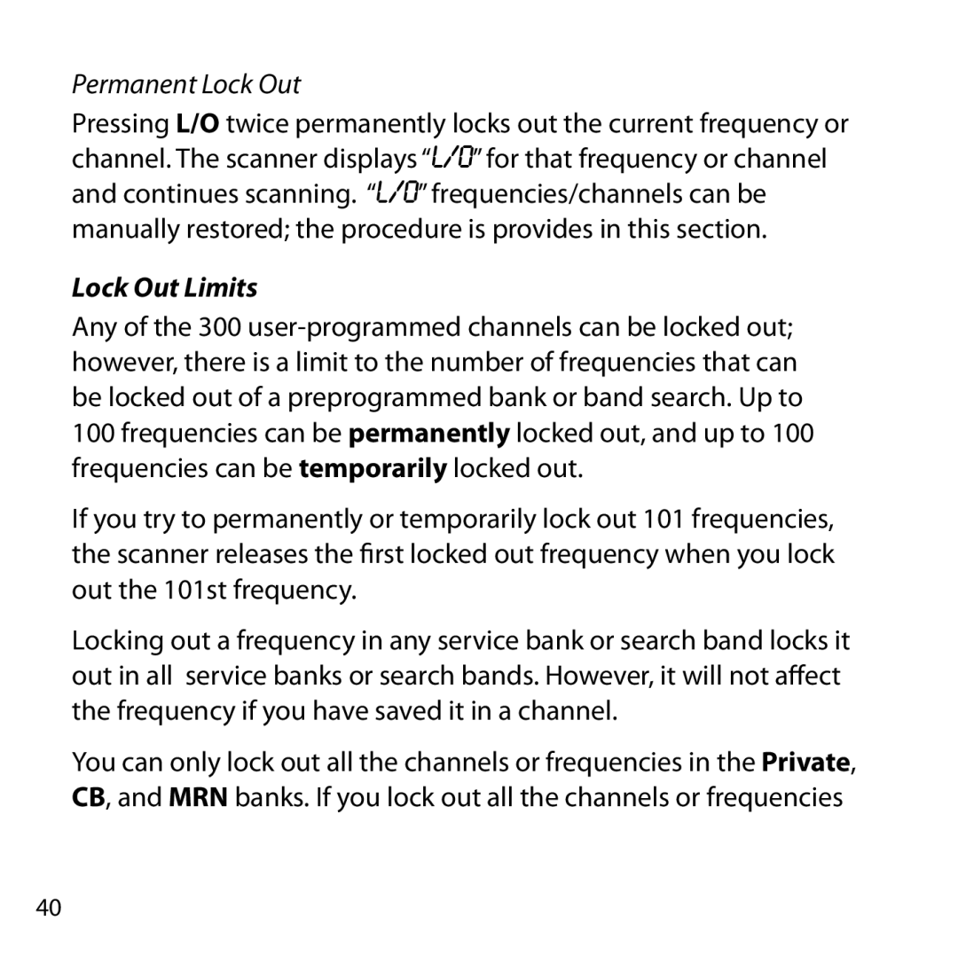 Uniden BC355N owner manual Permanent Lock Out, Lock Out Limits 