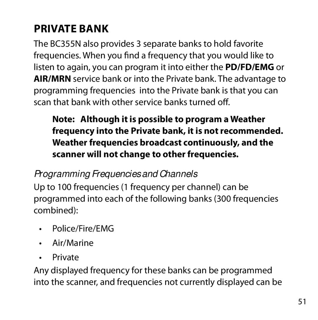 Uniden BC355N owner manual Private Bank, Programming Frequencies and Channels 