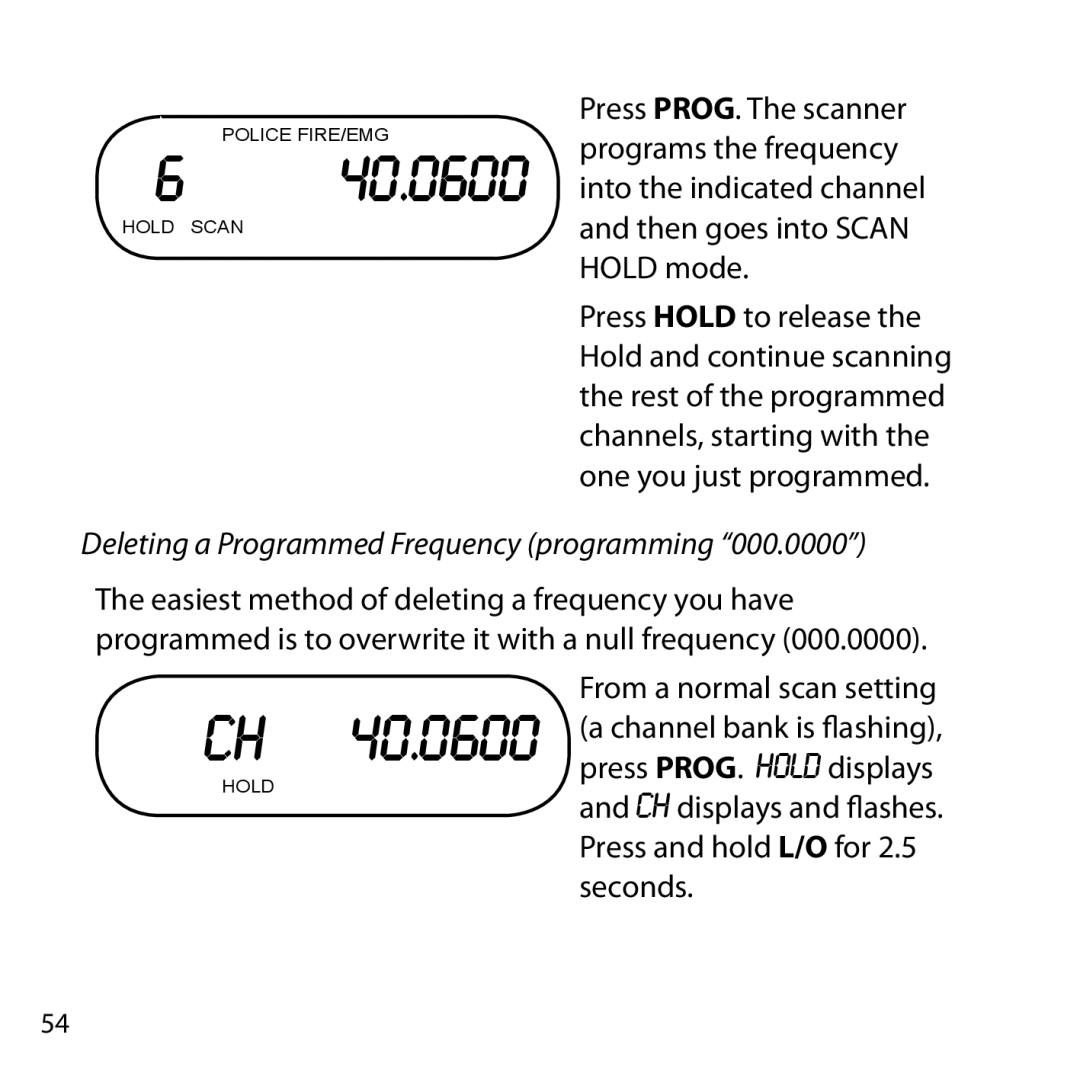 Uniden BC355N owner manual Deleting a Programmed Frequency programming 