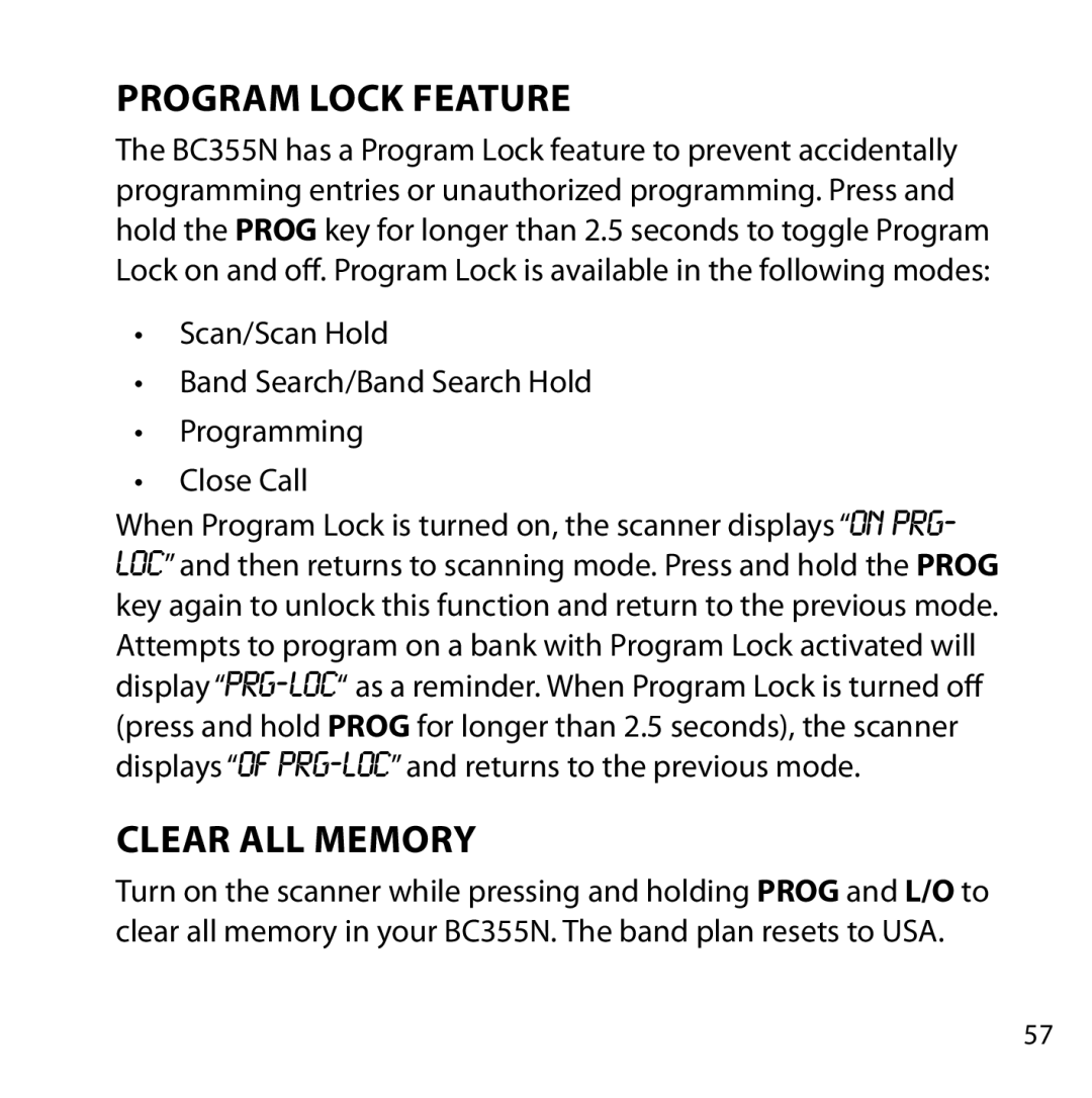 Uniden BC355N owner manual Program Lock Feature, Clear All Memory 