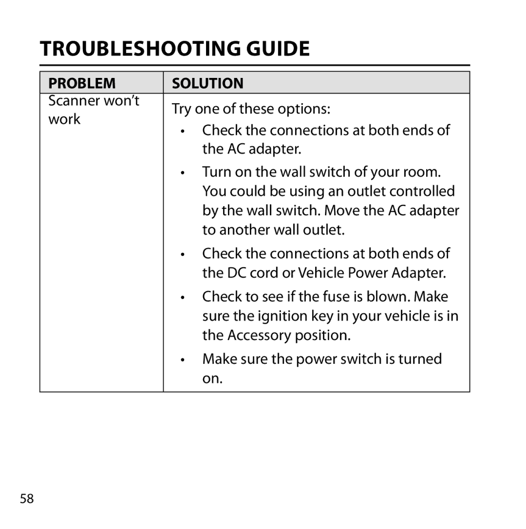 Uniden BC355N owner manual Troubleshooting Guide, Problem Solution 