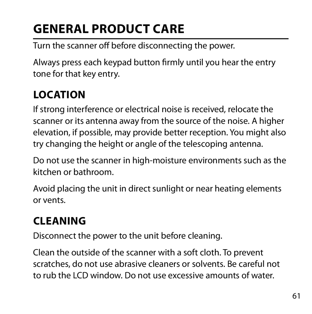 Uniden BC355N owner manual General Product Care, Location, Cleaning 