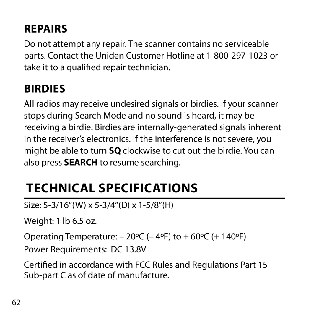 Uniden BC355N owner manual Technical Specifications, Repairs, Birdies 