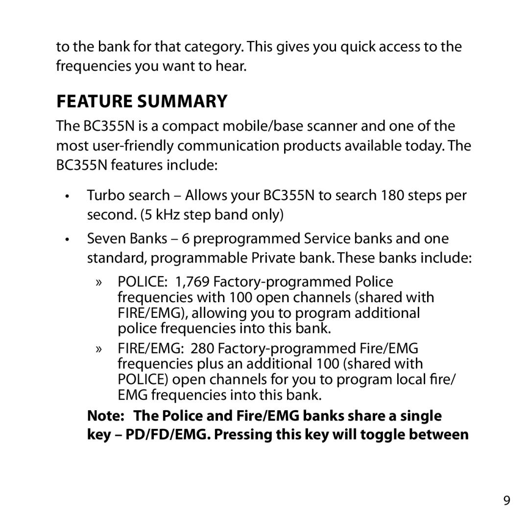 Uniden BC355N owner manual Feature Summary 