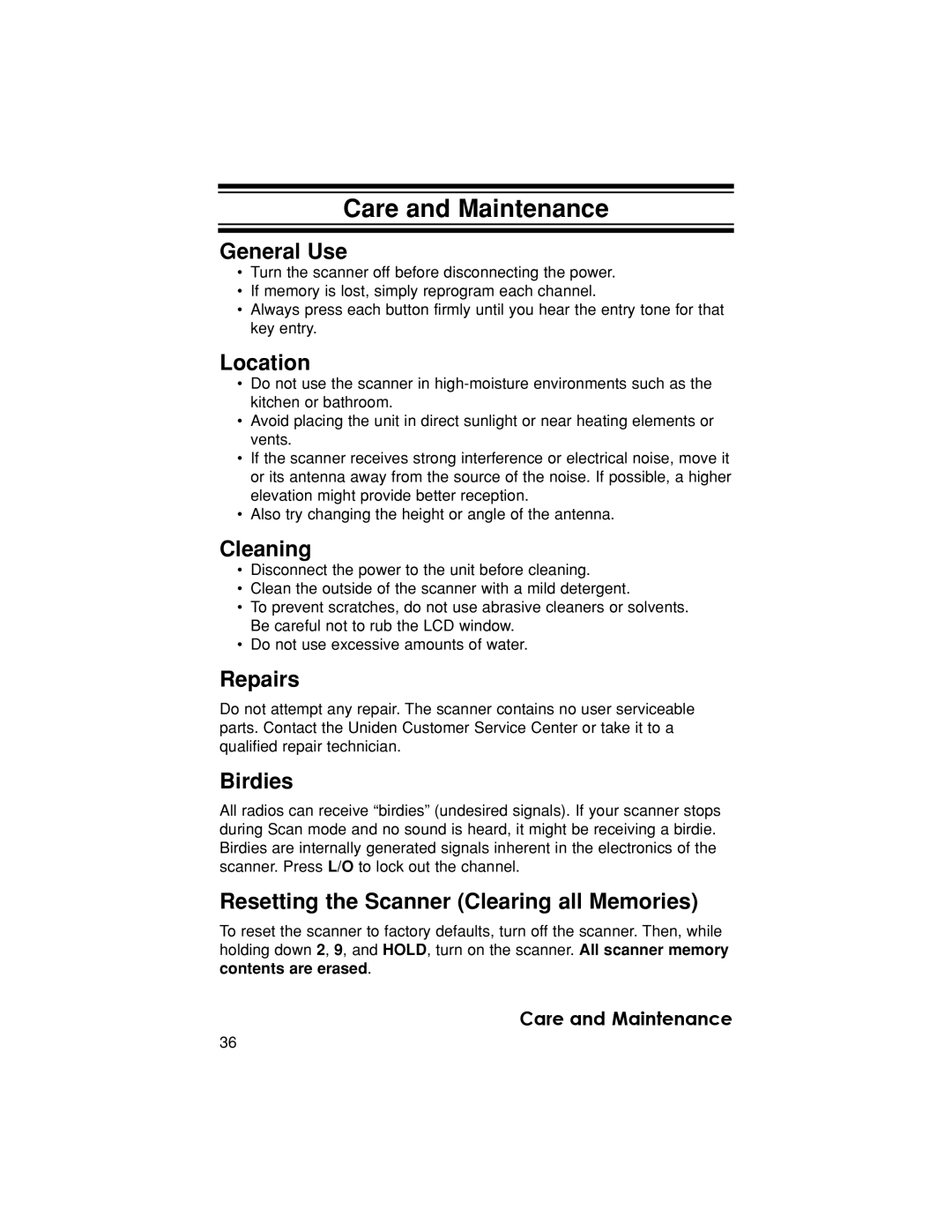 Uniden BC370CRS owner manual Care and Maintenance 